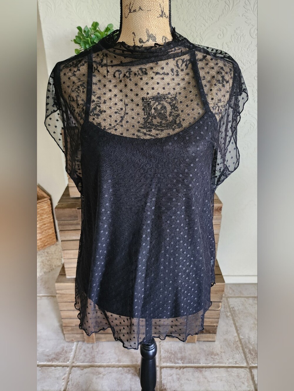 Black Polka Dot Sheer Overlay With Cami Top